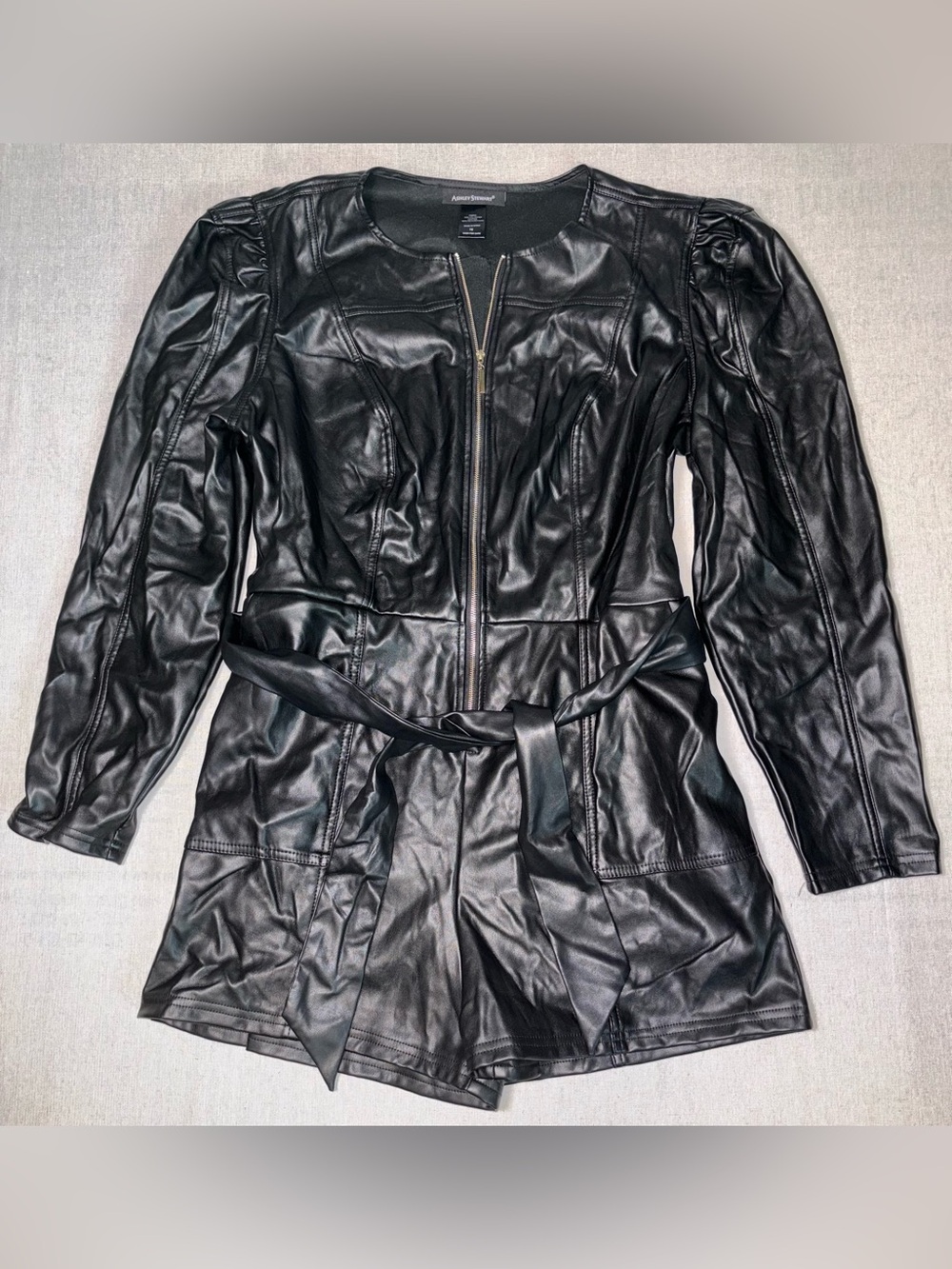 Ashley Stewart Women’s 16 Black Faux Leather Romper Zip Front Tie Waist